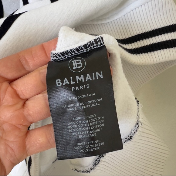 BALMAIN Men’s Cotton and Velvet Logo Sweatshirt in White and Black - Picture 10 of 11